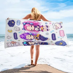 K-Pop Q Version Printed Beach Towel, Cyber Sweet Girl Style Cartoon Pool Towel, Quick-Dry Multi-Sizes, Beach Swimming Vacation Travel Camping Towel, Dreamy Cute Multifunctional Bath Mat, Fan Gift Choice