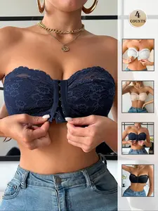 Women's Lace Patchwork Bralette Set, Front Buckle Design, No Underwire Comfortable Top, Ideal for Everyday Wear & Layering, Wirefree Bra