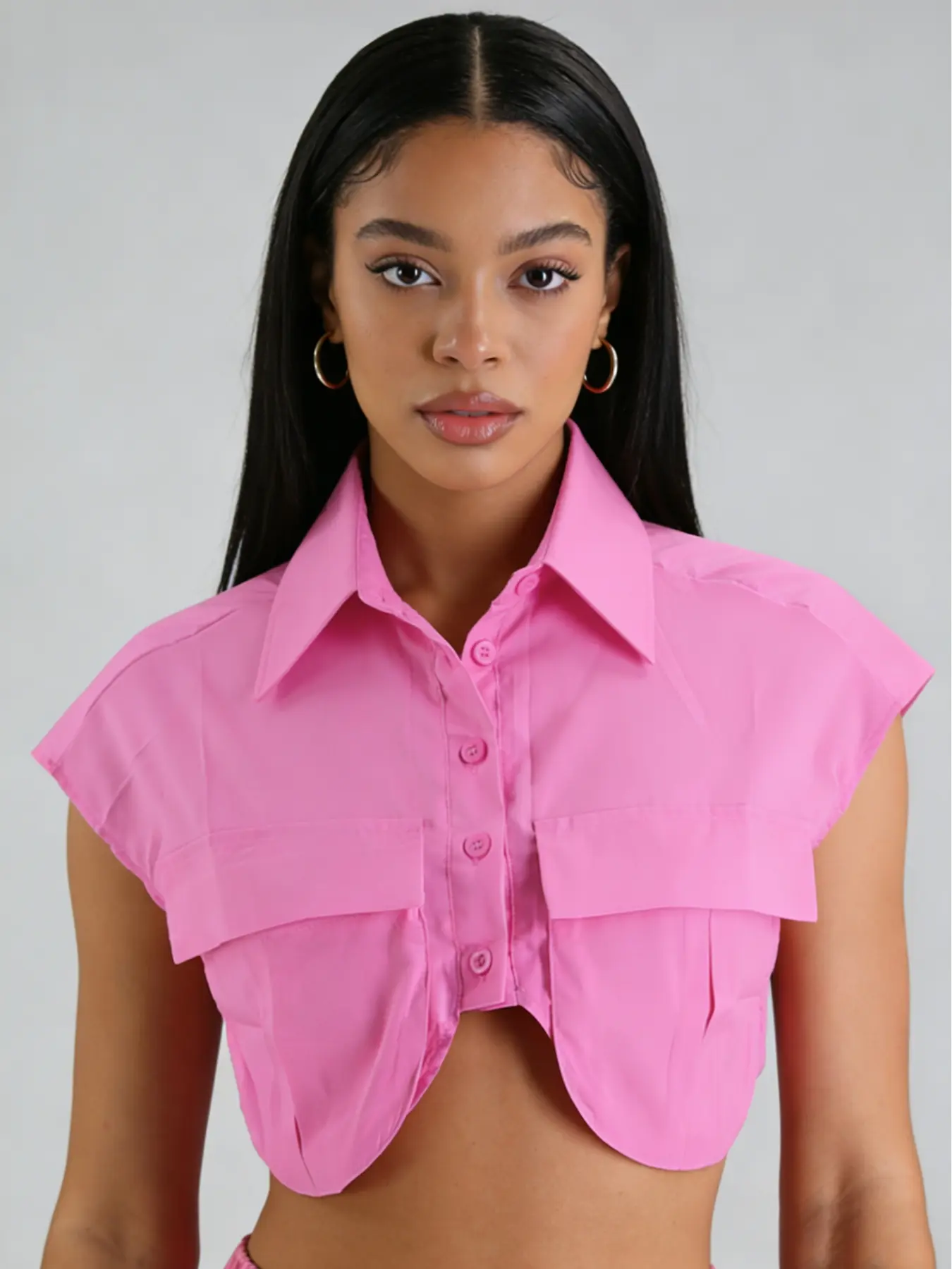 Sweet Cool Aesthetic Short Sleeve Sleeveless Shirt, Casual Fitted Design with Pockets, Plain Pattern, Spring & Fall Fashion Top, Minimalist Blouse