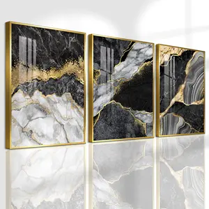3 Count Aluminum Alloy Frame Canvas, Fashion Poster Black Gold Marble Abstract Art, Wall Decoration, Modern Art, Suitable For Living Room, Bedroom, Kitchen, Home Office, Cafe, Bar, Dormitory, Corridor, Family Decor, Gift, Waterproof Art