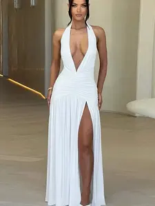 Elegant Party Holiday Dress White Halter Neck Maxi with Deep V-Neckline and High Slit for Festive Occasions Stylish Design Ideal for Parties and Holiday Events