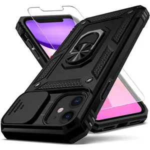 for iPhone 11 Case,with Camera Lens Cover HD Screen Protector,[Military Grade] Ring Car Mount Kickstand Hybrid Hard PC Soft TPU Shockproof Protective Case for iPhone 11-Black ip one Protection Smartphone