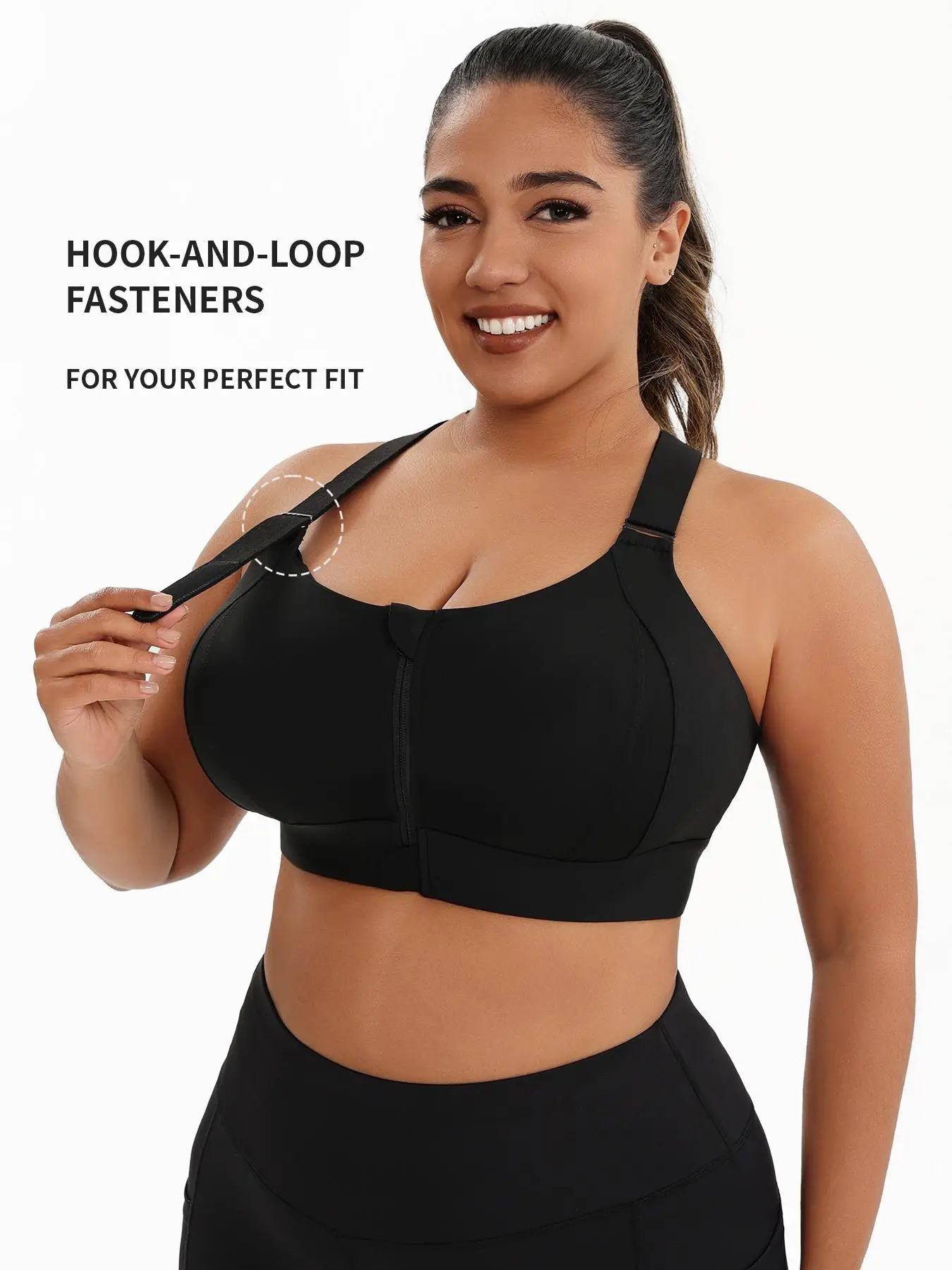 【Plus Size】 Criss Cross Zipper Front Sports Bra, Solid Adjustable Strap Wireless Sports Bra, High Stretch Yoga Bra, Women's Sport & Outdoor Clothing f