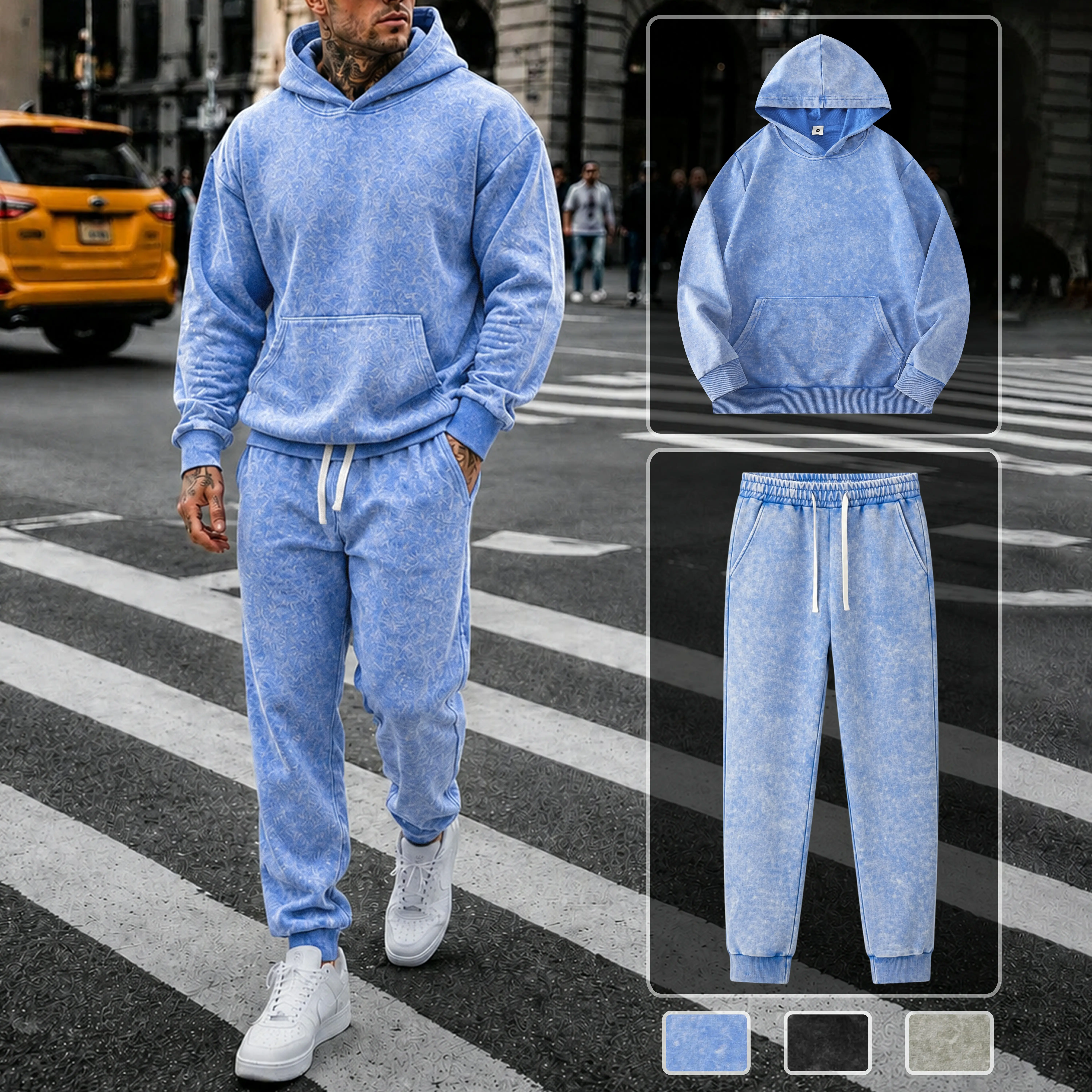 Men's Vintage Snow Wash Hoodie & Jogger Set, Soft Breathable Cotton Blend French Terry Long Sleeve 2 Piece Sweatsuit, Relaxed Fit Casual Streetwear Tracksuit for Fall Winter, Lounge Travel Outfit, Gift for Boyfriend or Husband