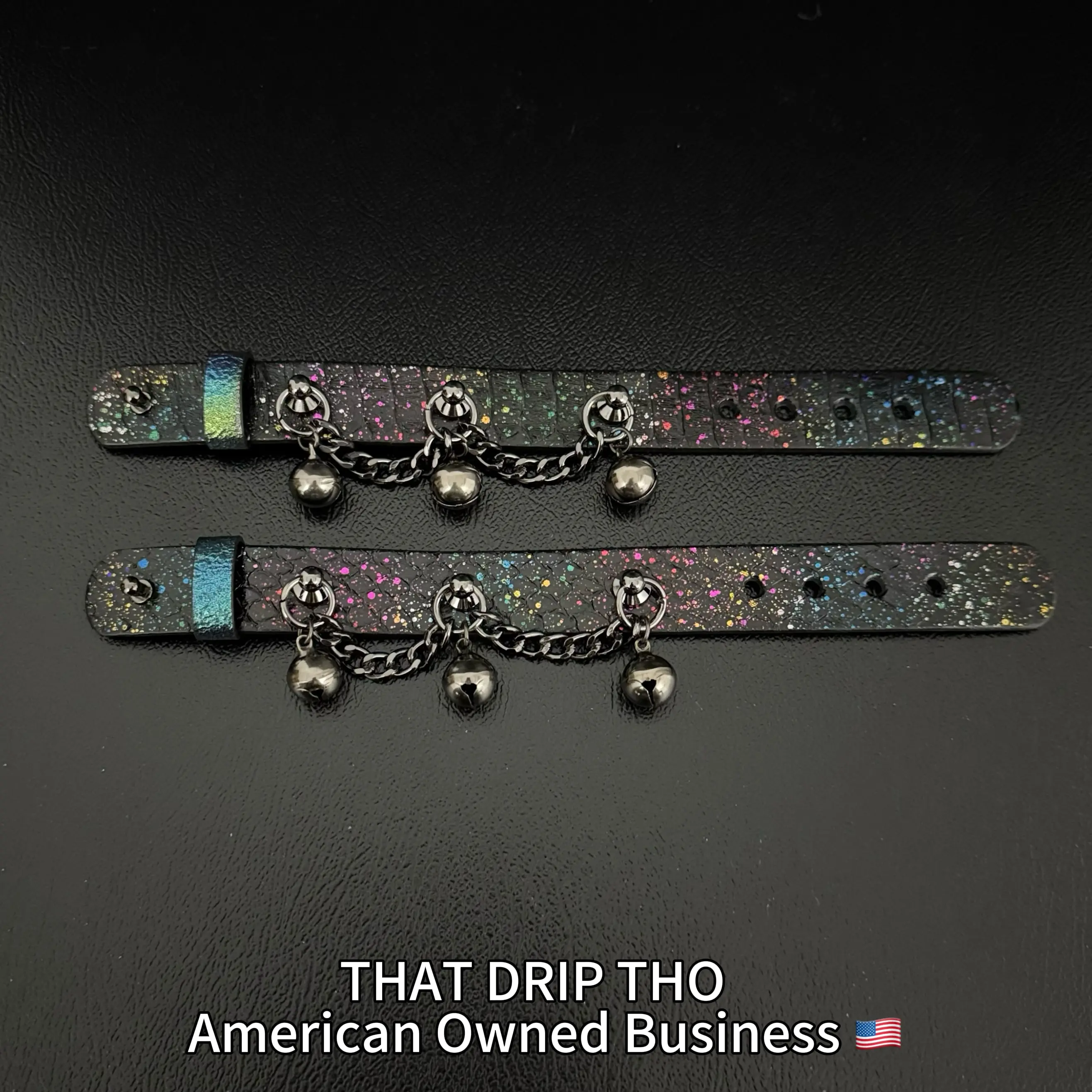 ThatDripTho Luxe Dual-Wear Bell Strap Set - Adjustable Leather Bracelet or Anklet with Red & Black Gold Bells & Black Iridescent Gunmetal Bells for Daily Wear & Festival Outfits