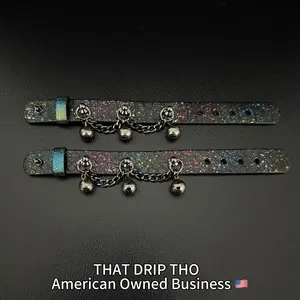 ThatDripTho Luxe Dual-Wear Bell Strap Set - Adjustable Leather Bracelet or Anklet with Red & Black Gold Bells & Black Iridescent Gunmetal Bells for Daily Wear & Festival Outfits