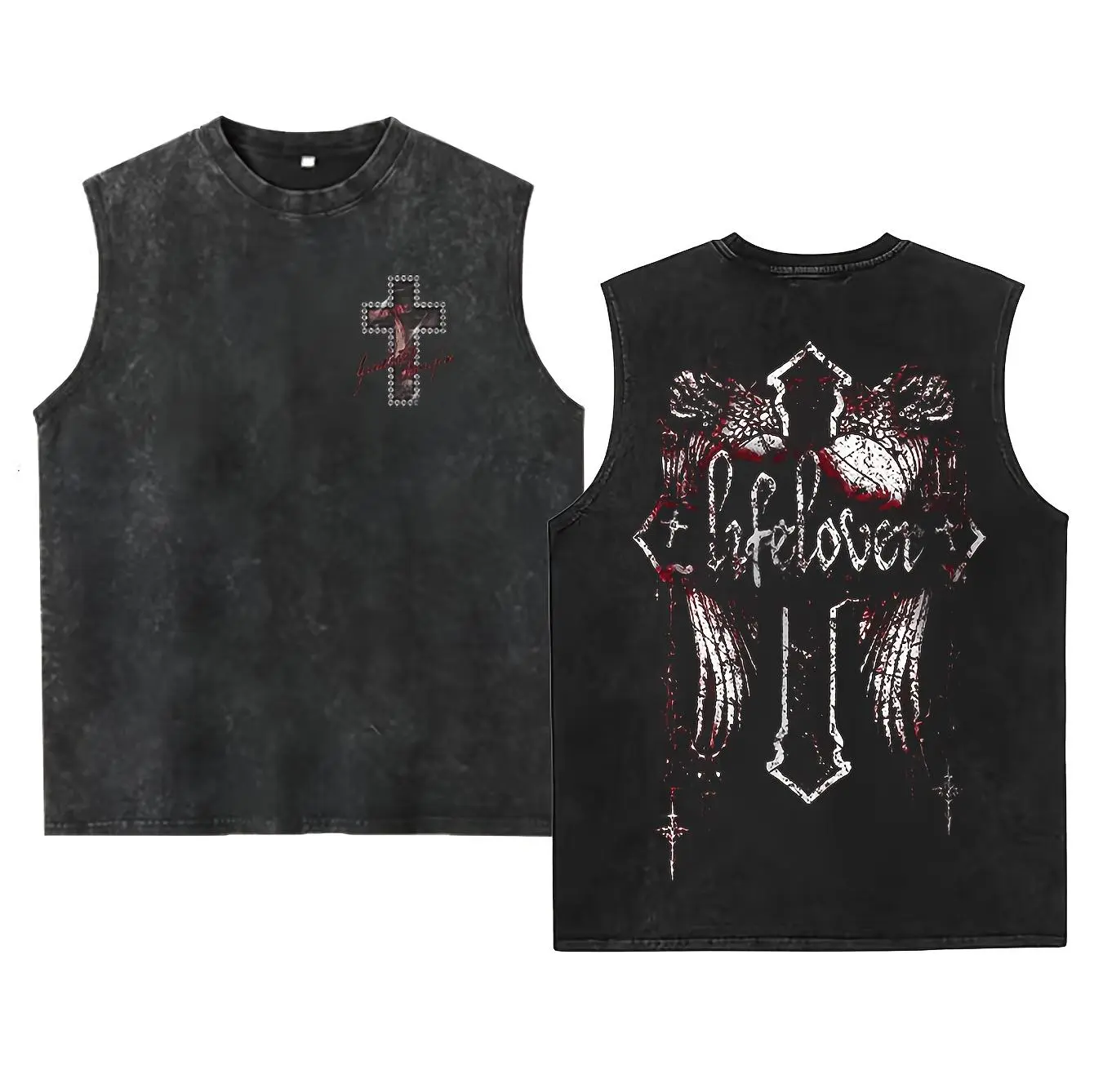 LifeLover Cross Vintage Washed Tank Top  Black Metal Gothic Streetwear