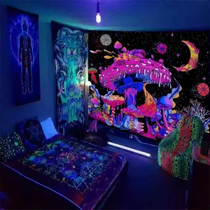 Fluorescent Mushroom Print Tapestry, UV Black Light Home Decor Posters Tapestry, Glow In The Dark Wall Hanging for Living Room, Bedroom Accessories, Summer Gift