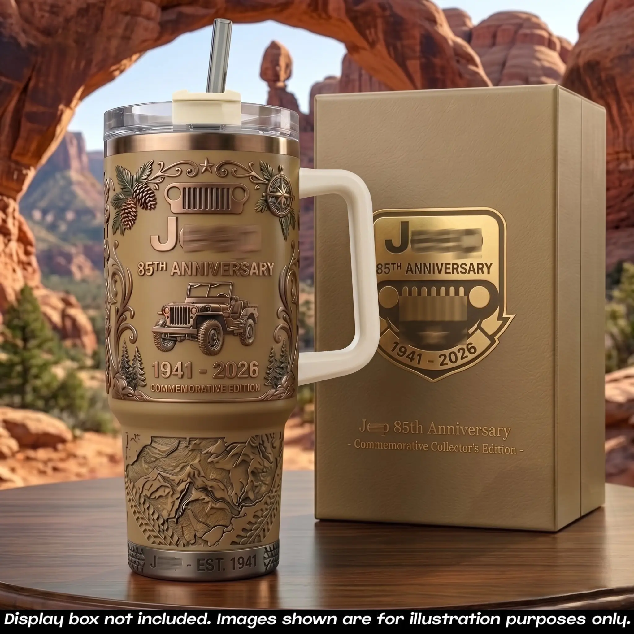 85th Anniversary 40oz Insulated Tumbler With Handle & Straw, 1941–2026 Collector Edition Stainless Steel Travel Mug, Vintage Off-Road 4x4 Utility Vehicle Design, Adventure Camping Gift for Trail & Outdoor Enthusiasts