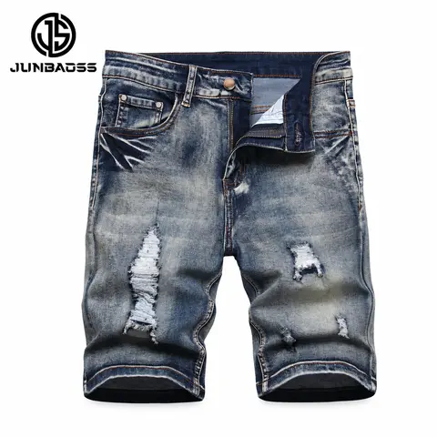 JUNBAOSS Men's Slim Fit Stretch Denim Shorts Ripped Skinny Jean Shorts for Men, Distressed Fashion Straight Comfort Flex Waist Short Denim Jean, Menswear Classic Street Style Cotton Fabric Jean Natural Hipster Personalized Stylish Jeans with Pockets fathe