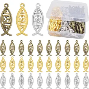 JMKTOOL 120pcs Vintage Hollow Jesus Fish Charms Tibetan Alloy Christian Fish Jesus Pendant Charms with A Plastic Box for DIY Bracelet Necklace Keychains Jewelry Making, 3 Colors