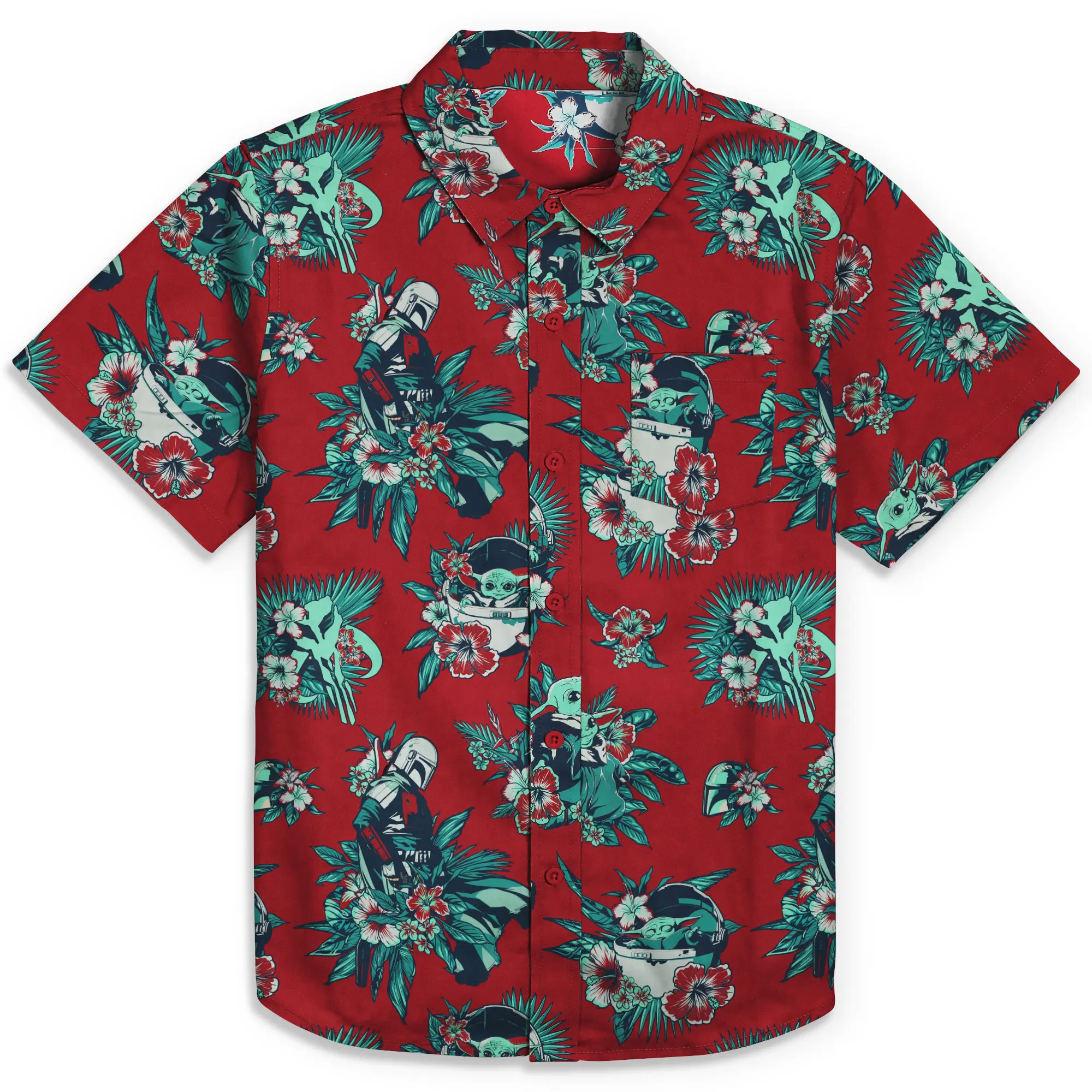 Men's Star Wars: The Mandalorian Grogu and Din Djarin Retro Hawaiian Print Button Down Shirt Men's Star Wars: The Mandalorian Grogu and Din Djarin Retro Hawaiian Print Button Down Shirt