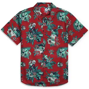 Men's Star Wars: The Mandalorian Grogu and Din Djarin Retro Hawaiian Print Button Down Shirt