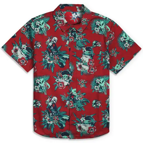 Men's Star Wars Grogu & Din Djarin Graphic Cotton Retro Hawaiian Floral Print Collared Short-Sleeve Tops - Mensfashion Tropical Casual Button-Down Shirt