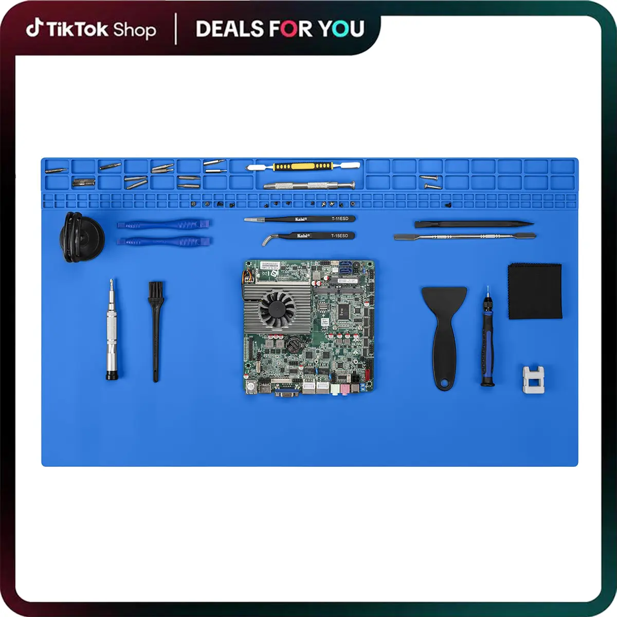 Kaisi Premium Silicone Soldering Mat - 27.6in x15.7in Oversized, 932°F Heat-Resistant Repair Pad with 32 Parts Slots, 94 Screw Positions, Large Storage Slots for Electronics, Tablets, Cameras, Laptops, Drones Workbench - Blue