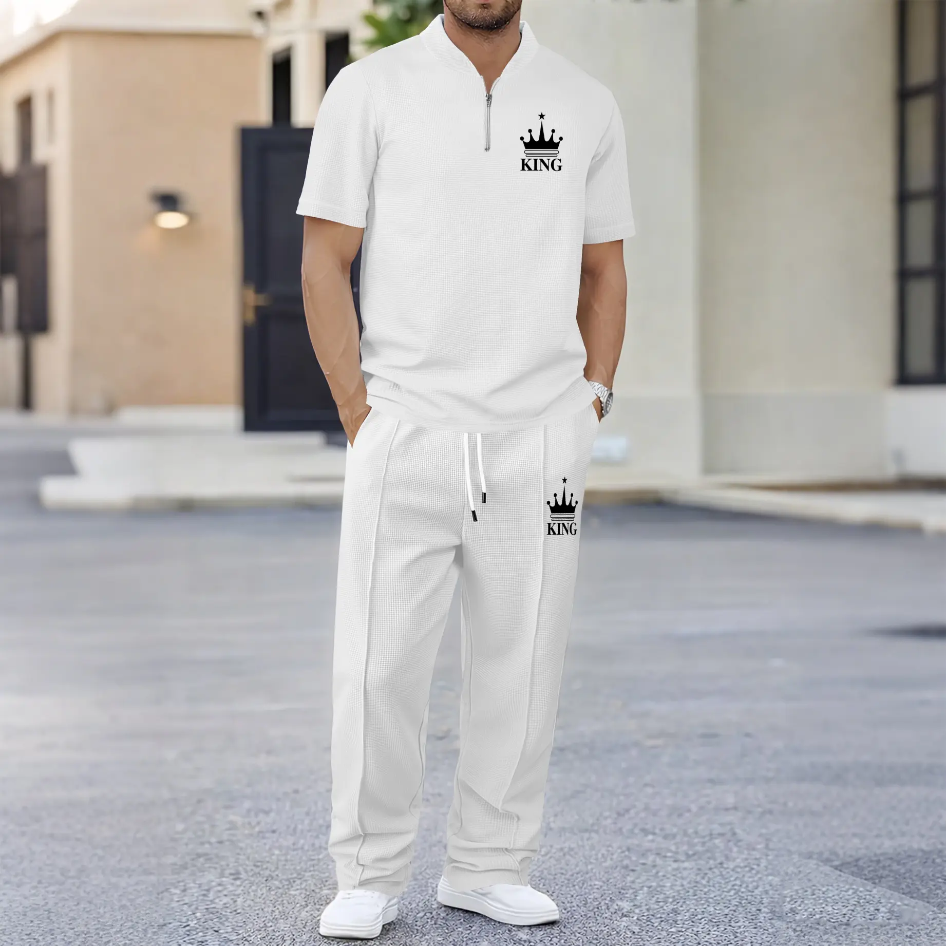 Men's 2-Piece Set, Casual Loose Fit Waffle Knit Tracksuit with KING Print Zip Polo and Matching Pants for Summer, Men's 2 Piece Sets, Casual Fitness Wear, Shirt, Mensfashion, Athletic Activewear Tracksuits, Polyester, Long Pants, Short Sleeves, Male, Soli