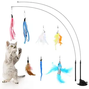 Pawaboo Cat Feather Toys, Interactive Cat Wand Toy with 2-Slot Super Suction Cup, Detachable 2 PCS Spring Cat Wand & 7 PCS Cat Teaser Replacement with Bells, Funny Kitty Toys for Indoor Kittens Play