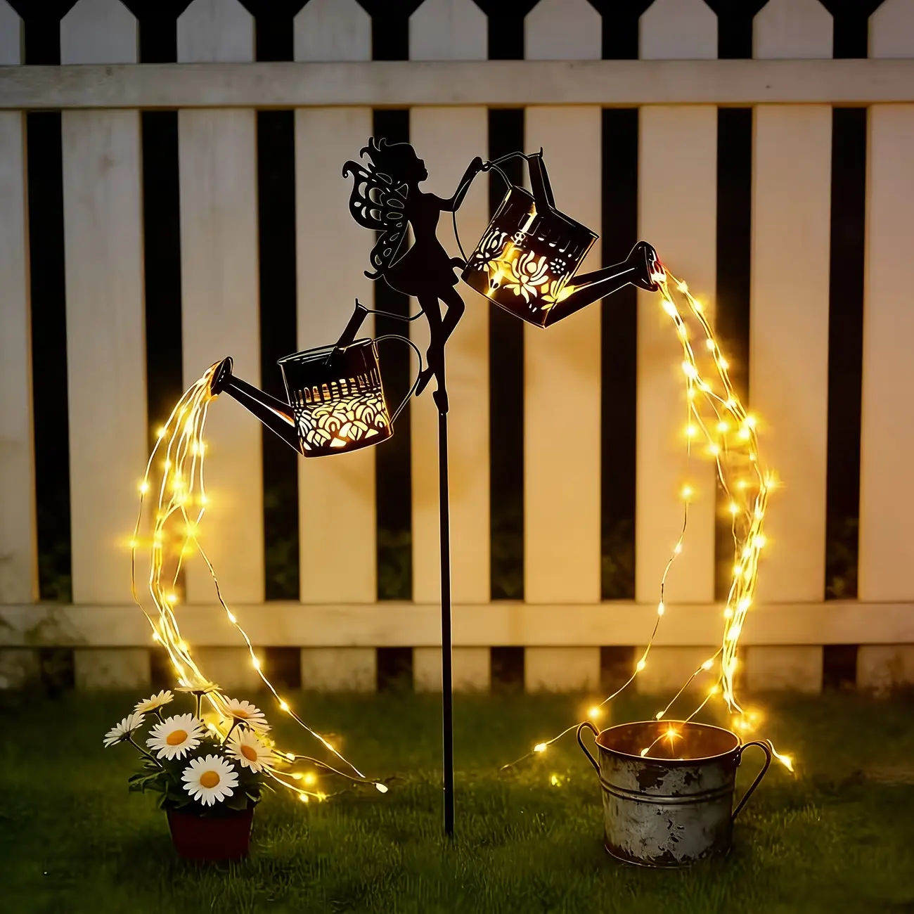 New Double Pot Fairy Waterfall Warm Light, equipped with 150 LED beads, solar garden outdoor decorative light, IP44 waterproof rating, solar hanging lantern rose pot light, suitable for outdoor scenes such as courtyard lawns, corridors