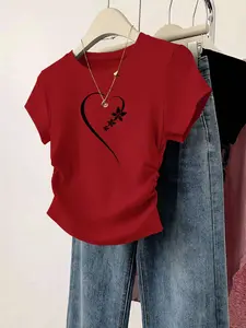 Hearts Floral Graphic Printed Women's Fitted Short Sleeve Ruched T-shirt Casual Fashion Lightweight Round Neck Daily Commuter Basic Casual T-shirt Tops，TikTok Trending T-shirt Women ,Outfit Murah T-shirt Wanit,Comfortable Fabric
