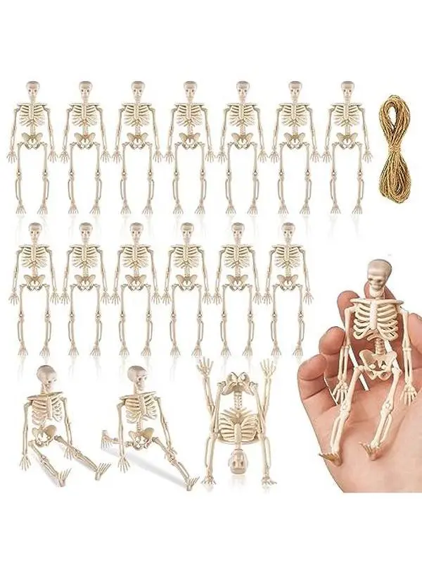 16Pcs 6" Halloween Mini Plastic Skeleton Figurines Decorations Set | Small Posable Skeleton with 360° Rotating Head & Legs for Halloween Table, Party Favors, Spooky Home & Haunted House Decor