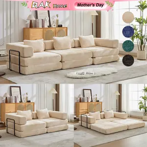 QAK 118" Convertible Floor Sofa Bed with Fixed Shape Frame Boneless Modular Sectional No Assembly Required Chenille Fabric for Living Room Bedroom