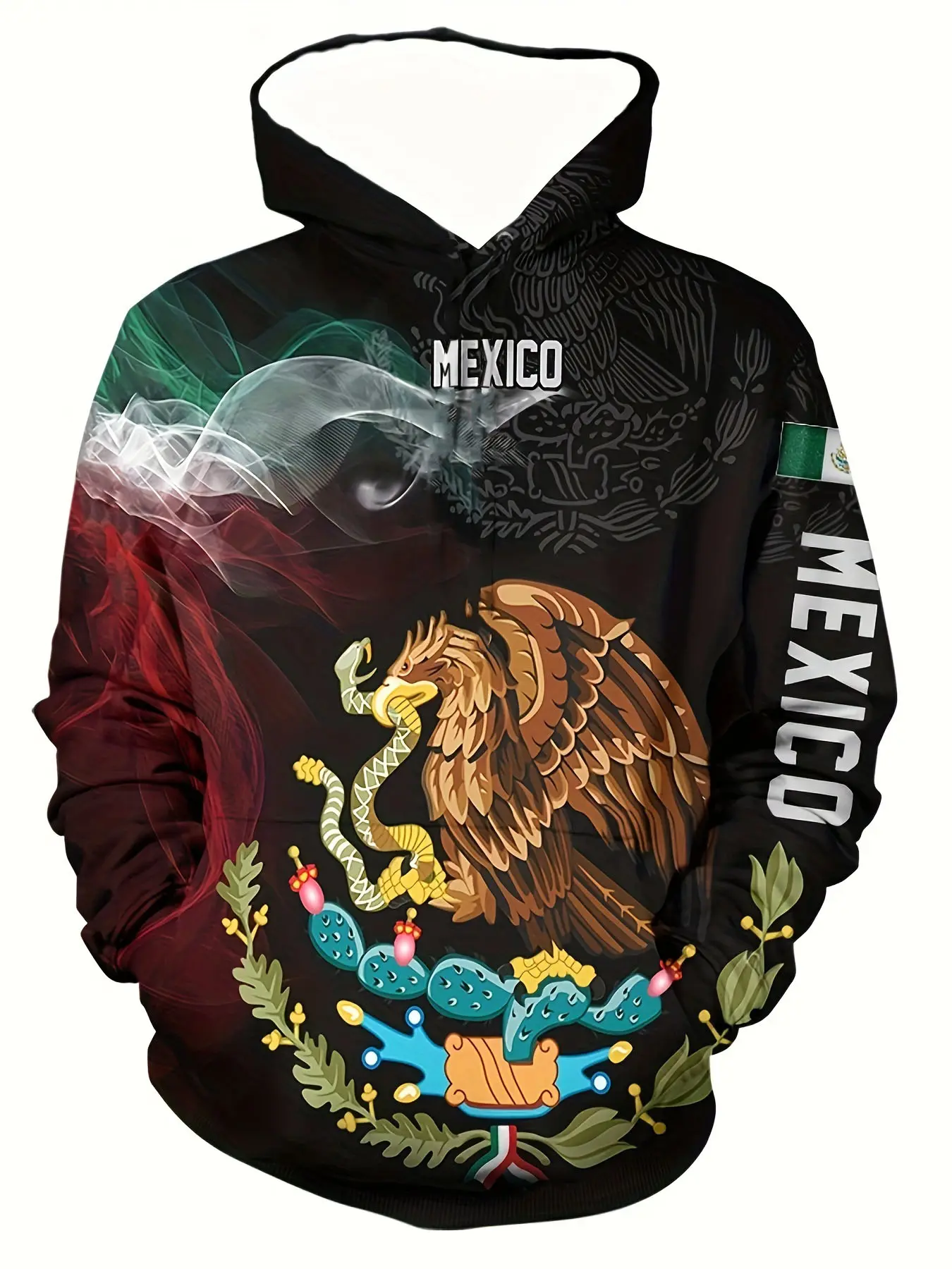 Men's Mexican Ethnic Style Fitted Long Hooded Sweatshirt, Casual Print Hoodie, Long Sleeve, Eagle Snake Print Casual Streetwear, Kangaroo Pocket, Fall Winter Fashion, Warm Comfortable Top, Casual Print Clothes