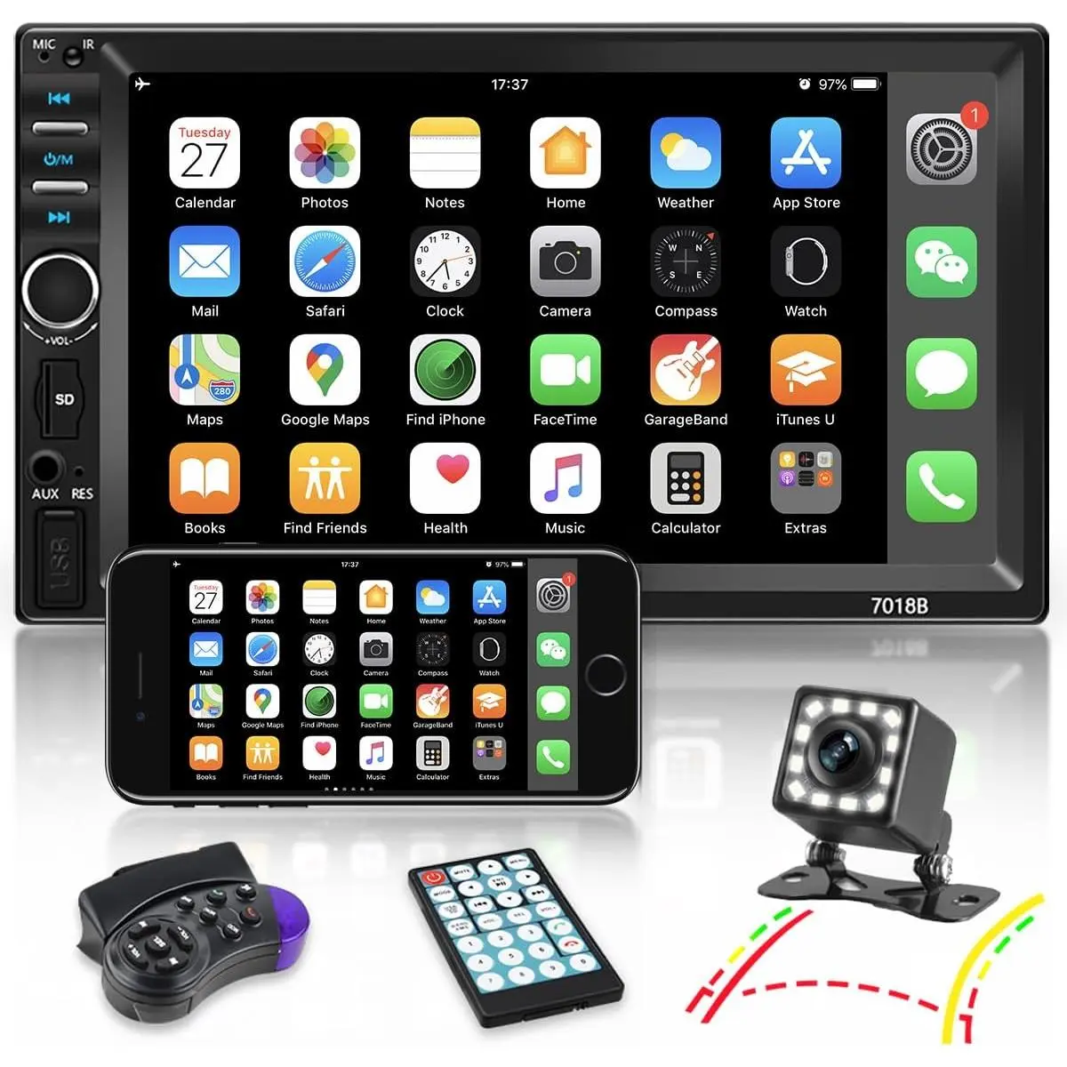 Double Din Car Stereo with Bluetooth and Backup Camera 7 Inch Touch Screen Car Radio Support AUX/USB/TF Card/Mirror Link/Steering Wheel Control