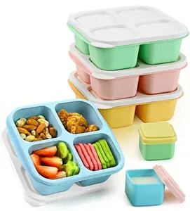 Lunchable Snack Containers - 4 Compartments Bento Snack Boxes (4 Pack) with 2 Leakproof Sauce Containers, Reusable Divided Food Containers for School, Work, Travel (Vintage Colors)