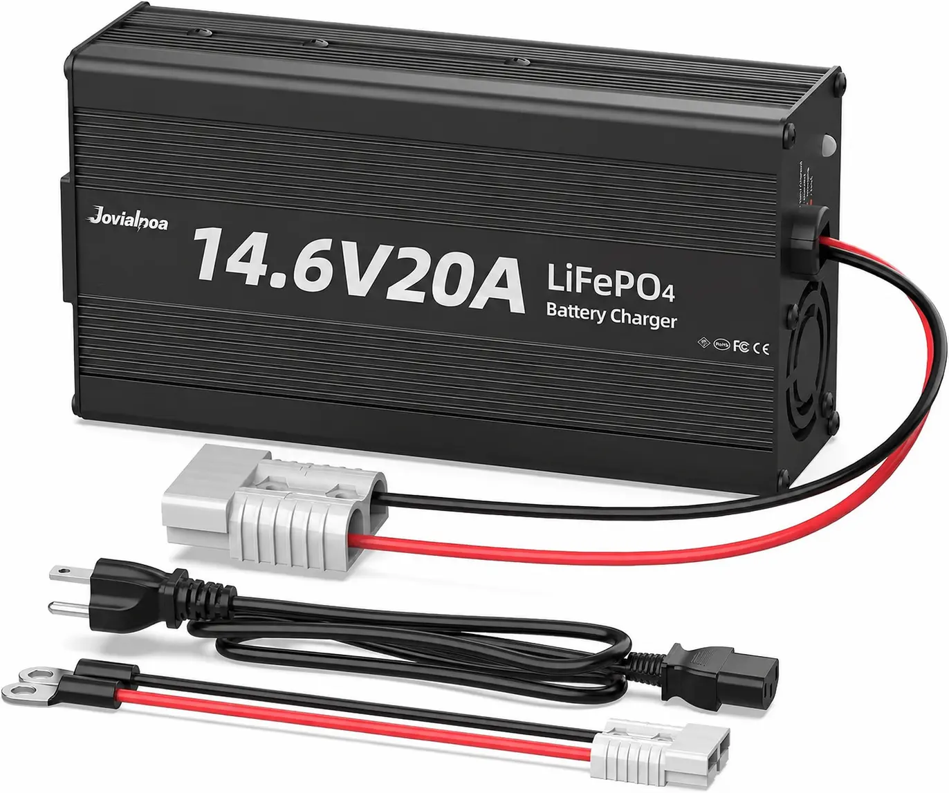 Jovialpoa 14.6V 20A 292W LiFePO4 Lithium Battery Charger for RV, Aluminum Alloy Casing, 50A Anderson Connectors, LED Indicator, Cooling Fan, Manufacturer Warrenty, Xt30vxxxayyy