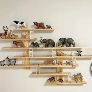 5-Layer Wooden Display Rack - Vintage European Wall Mounted Storage Rack with Ladders and Hooks for Home and Office Decor, Multifunctional Ornament Storage Rack, Suspended Shelf, Floating Shelf, Ledge