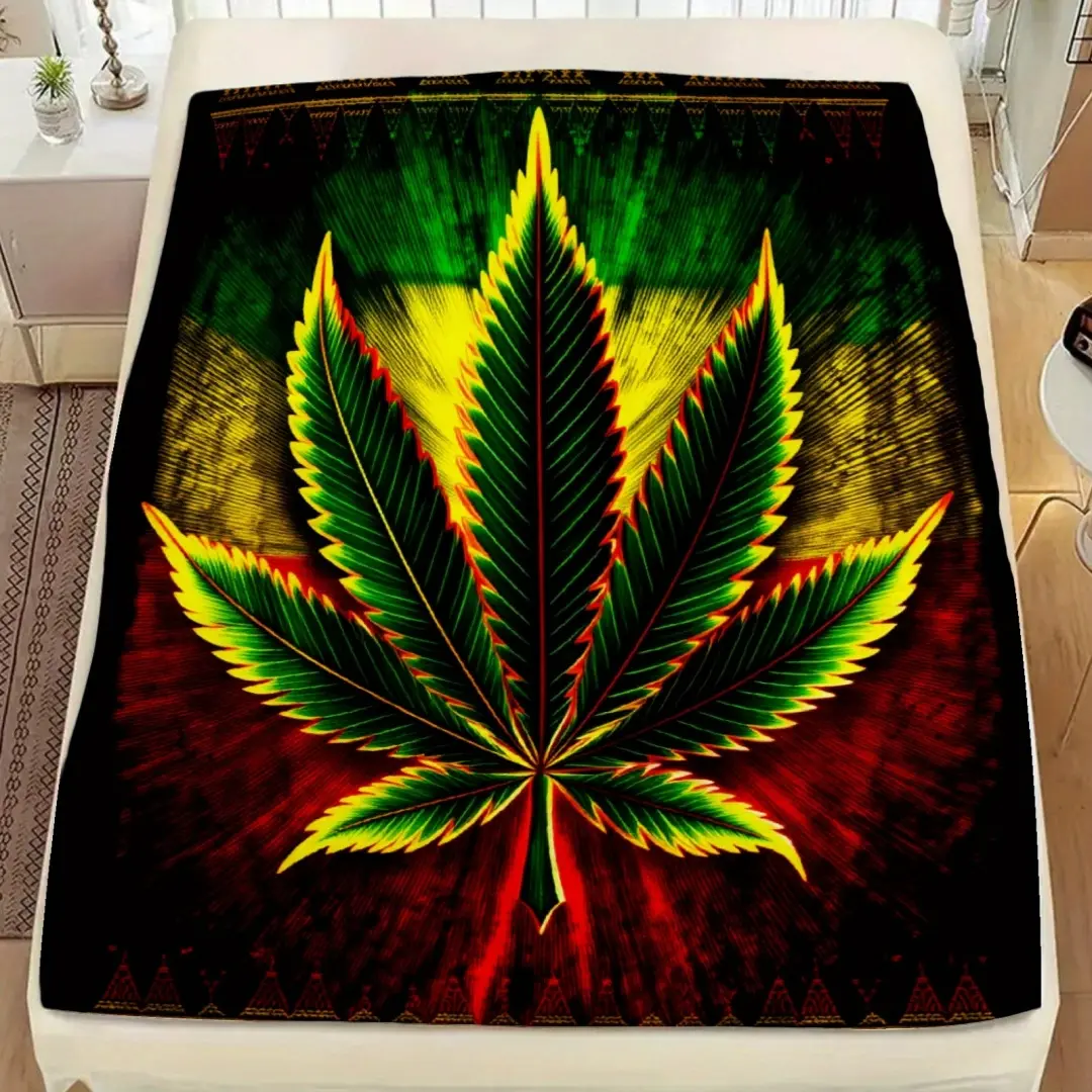 Leaf Print Flannel Blanket Heavy Duty Soft Bedspread, Large Marijuana Leaf Design for Bed, Couch, Travel Ideal Gift for Weed Lovers, Throw Blanket, Blankets for Winter, Room Decoration for Me