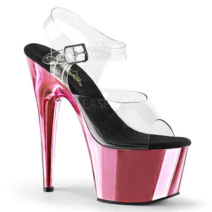 Women's High Heeled Platform Sandals - ADORE-708, 7-Inch Baby Pink Chrome Heel Footwear with Metal Platforms