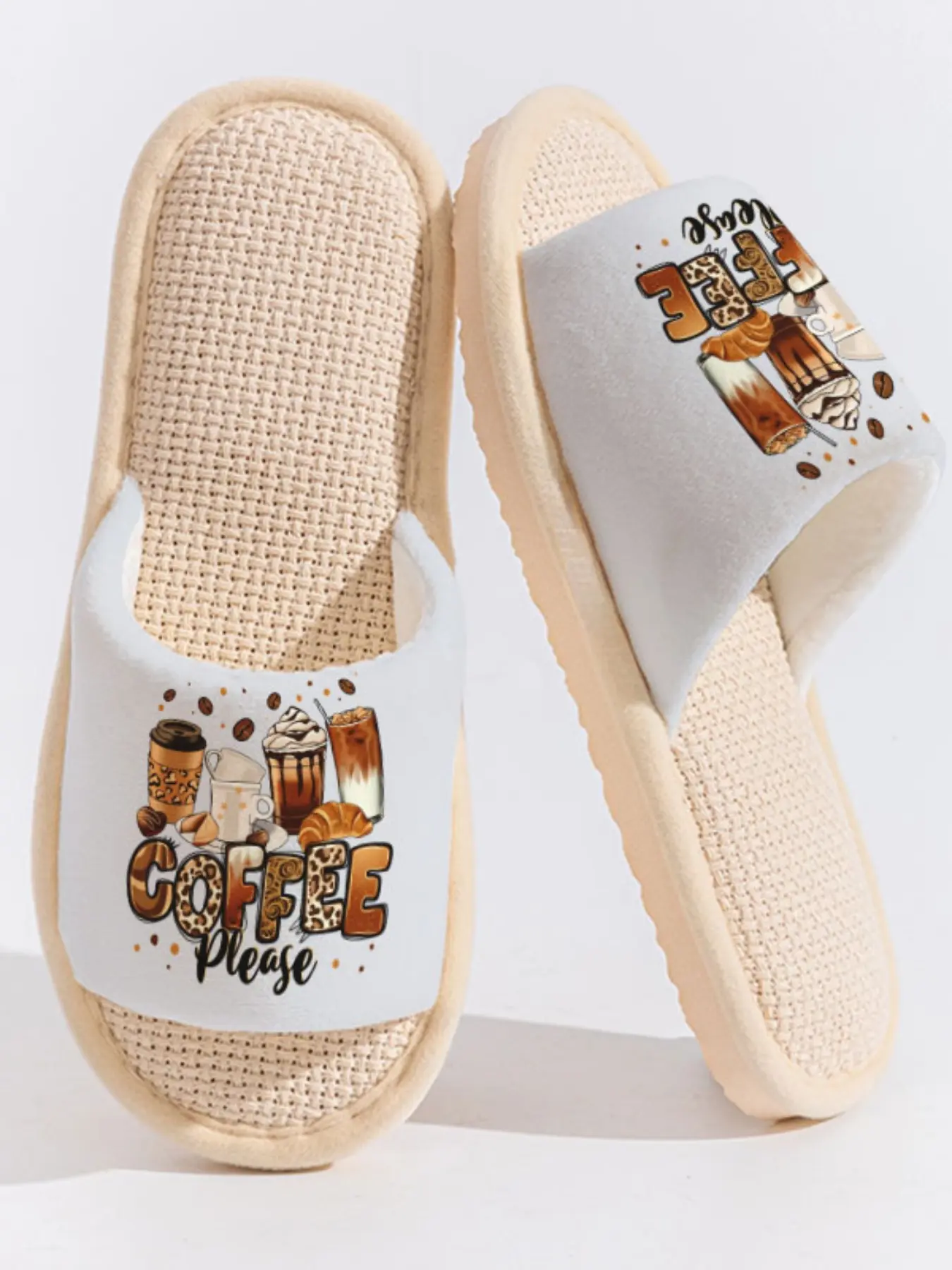 Coffee Cup Croissant "COFFEE Please" Vintage Slippers Cloud-Feeling American Casual Style Indoor Outdoor Must-Have