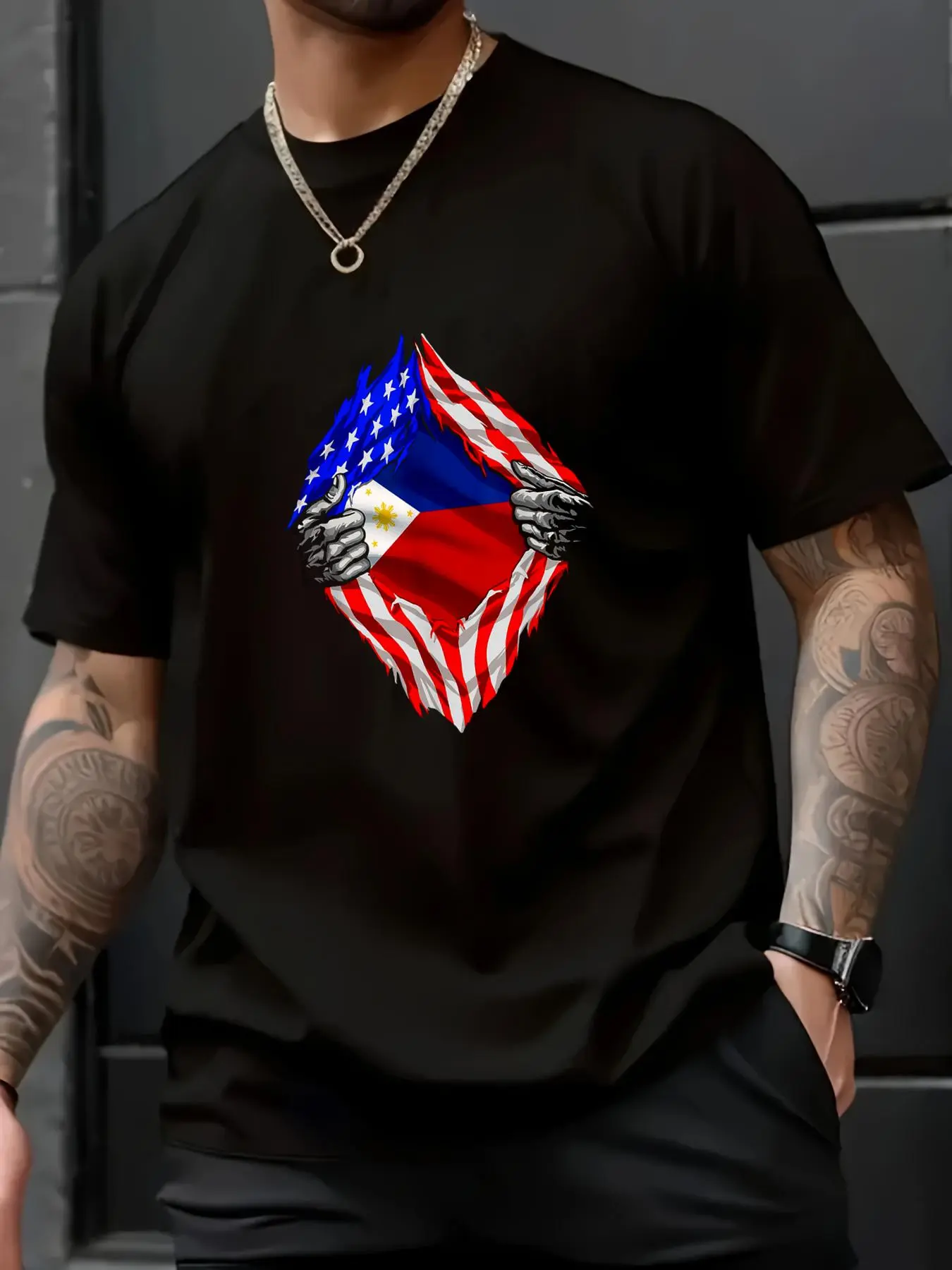 Men's 100% Cotton Short-Sleeve Casual Streetwear Top - Unisex Filipino Pinoy Pride Roots T-Shirt with American Flag, Perfect for Daily Wear, Hiking, Loose, Menswear, Round Neck, Shortsleeve, Tshirt
