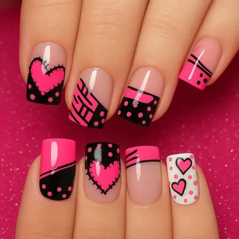 Set of 24 Short Square Fake Nails, Heart Polka Dot Design, Sweet Cool Style, Perfect for Dates and Parties