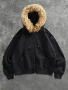 TikTok Viral Faux Fur Trim Zip-Up Hoodie – Edgy Streetwear Essential for Y2K & Urban Aesthetic, Perfect for Bold Casual Outfits with Oversized Fit, Warm Design, and Minimalist Style for Effortless Streetwear Flair