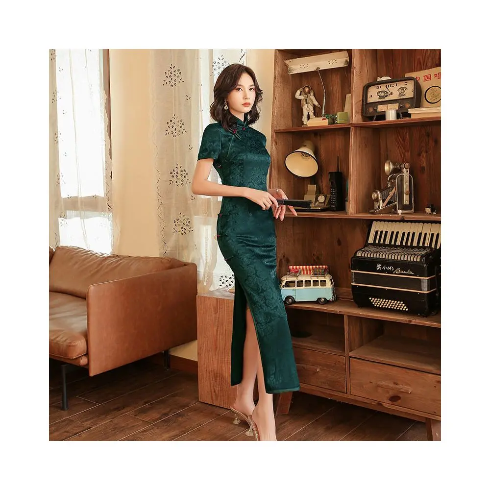 Emerald Floral Jacquard Midi Qipao Dress | Neo-Chinese Cheongsam, Modern Evening Wear, Elegant Daily Wear