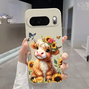 Flower crowned Cow Dream Pattern Rounded Edge Phone Case for Google Pixel 10 9 XL 8 7 Pro A Shockproof Full Camera Protection Durable Slim Liquid Silicone Cover Smartphone Casing