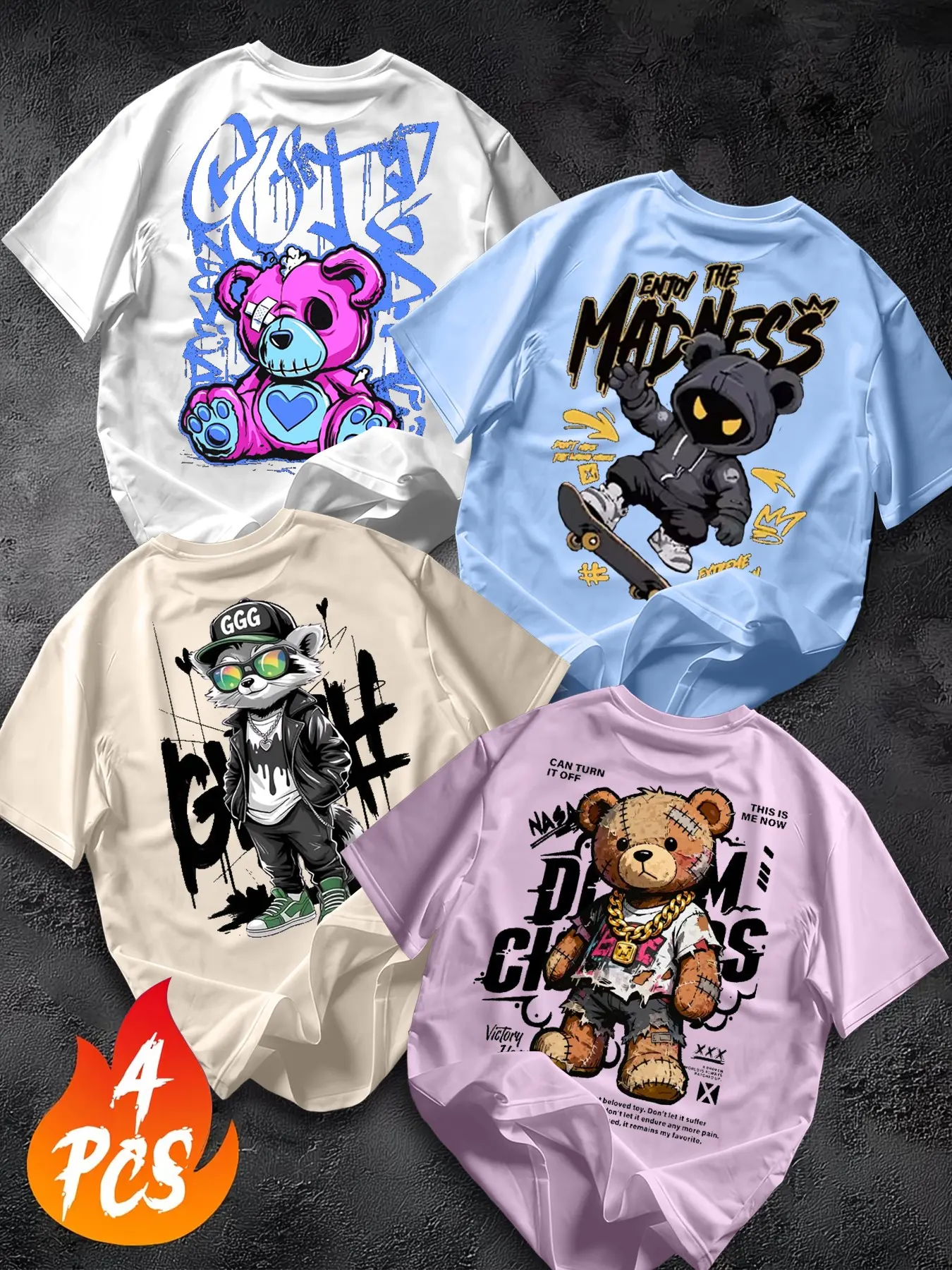Men's American Street Style Casual Cartoon Print T-Shirt Set, Loose Fit Long Sleeve Top, Versatile Round Neck Design, Ideal for Daily Wear, Casual Summer Clothing, Menswear Streetwear