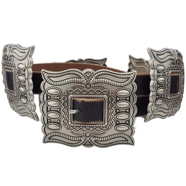 Concho Belt for Women - Rectangular Design with Decorative Features and Metal Buckle Concho Belt for Women - Rectangular Design with Decorative Features and Metal Buckle