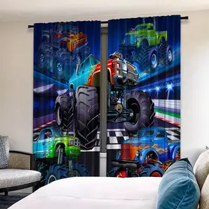 2-Piece Toy Car Print Curtains, Rod-Mounted Polyester Drapes, Digital Print, Home Decoration Curtain, Perfect Home Decor for Living Room, Kitchen, Bedroom, Dining Room
