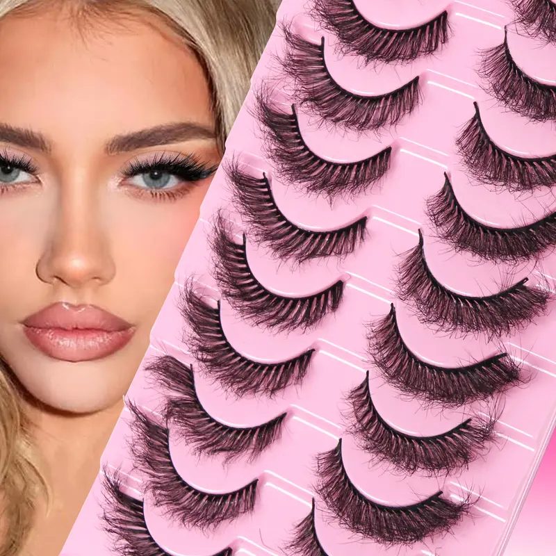 PURELEOR False Eyelashes Natural Cat Eye Strip Lashes, Thick Curly Long Fluffy Wispy Volume - 10 Pairs, Easy-Apply Cosmetic D Curl Lash Strips for Eyes Makeup