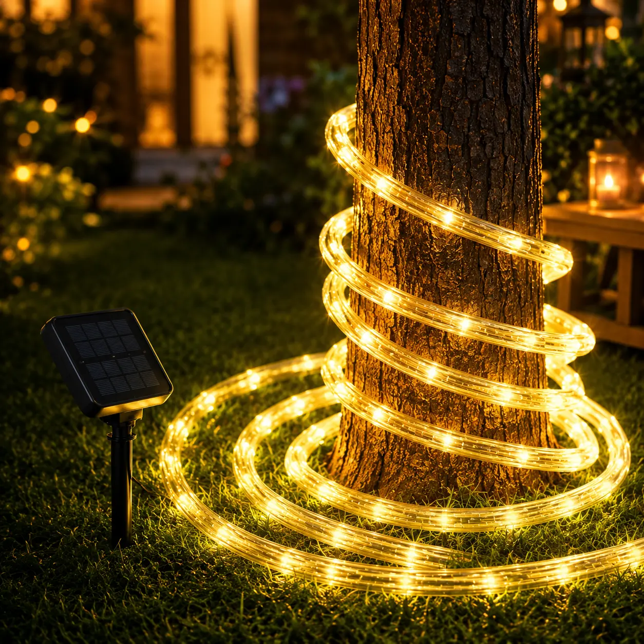 100LED  33FT  Solar Rope Lights Outdoor, IP65 Waterproof Solar Powered LED String Lights with Remote Control, 8 Modes, 8 Brightness Levels, 3 Light Colors, Flexible Lights for Trees, Garden, Patio, Yard