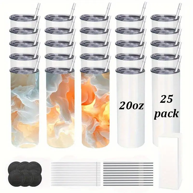 25-Pack 20oz Sublimation Tumbler Bottles - Double Wall Stainless Steel Insulated Vacuum Flasks, Portable Travel Drinkware with Lid, Plastic/Metal Straws, Rubber Coaster, for Heat Press/Oven DIY Printing, Festive Gift