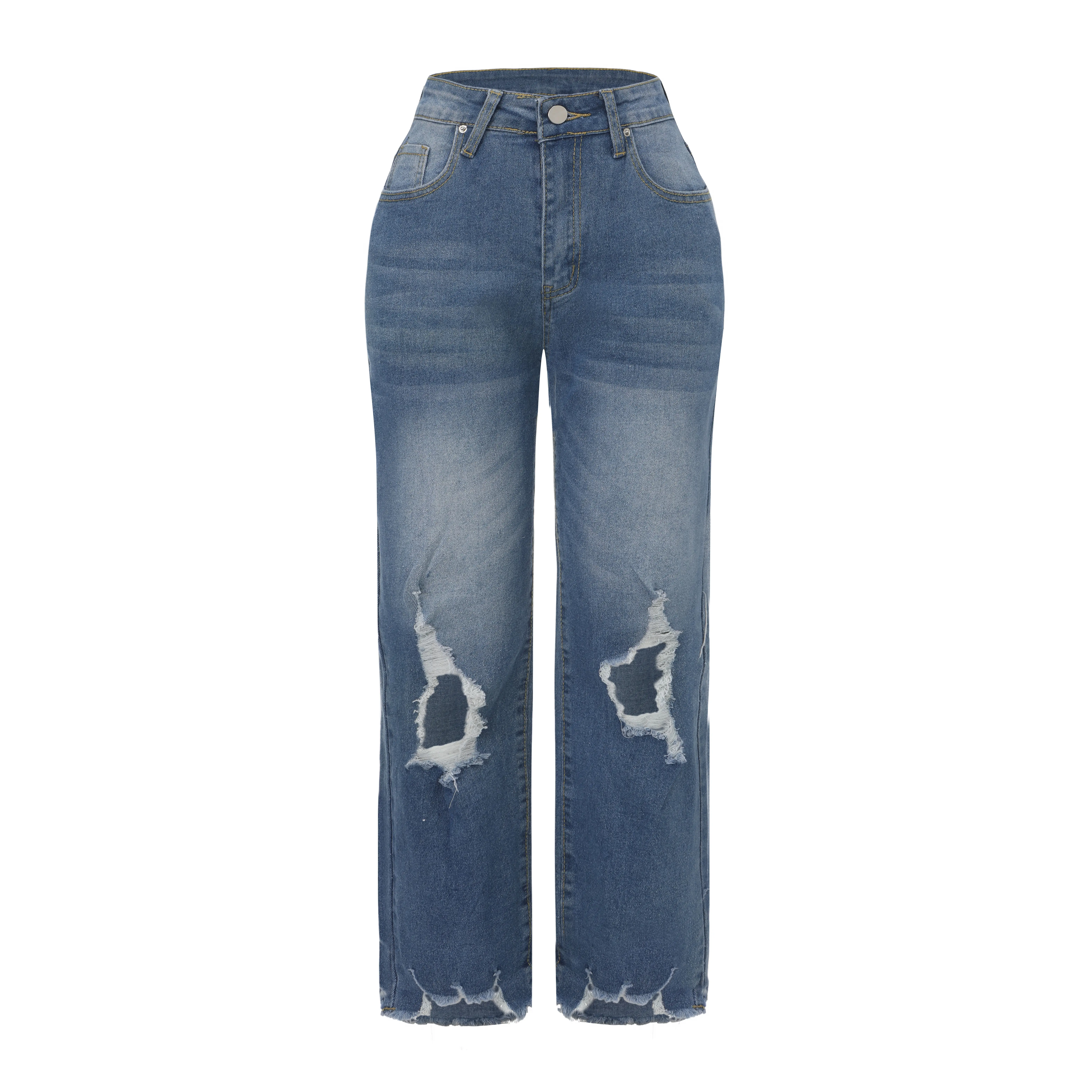 Women’s High Rise Stretch Ripped Straight Leg Jeans Y2K Casual Denim Pants
