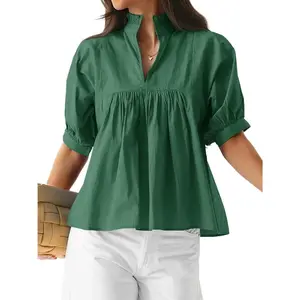 Women's Trendy V-Neck Short-Sleeve Babydoll Blouse - Fitted-Pleated Hem Minimalist Peplum Top, Suitable for 2-3 Scenarios (Casual, Dressy), Trendy Blouses