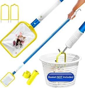 (Long Version) Pool Skimmer Net & Pole 53" with Stainless Steel Hook, Two Skimmer Basket Handles, Fine Mesh Net &  Dip - Hands-Free Removal of Debris, , Frogs, Small,