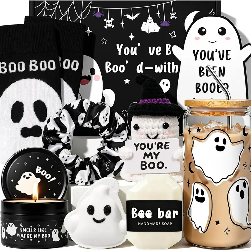 Halloween Fall Gift Boo Basket Stuffers for Women, Halloween Gifts for Women 8 Pcs Spooky Basket with 16oz Glass Cup, Candle, Socks, Soap & Scrunchie for Teens Girls Her Sister Friend