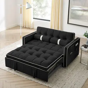 Grovebloom 3 in 1 Sleeper Sofa Couch Bed, Small Tufted Velvet Convertible Loveseat Futon Sofa w/Pullout Bed, Adjustable Backrest, Cylinder Pillows for Living Room Apartment, Easy to Assemble, Black, 55.5"