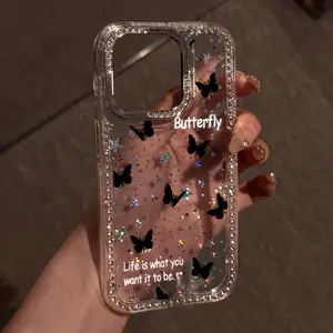 Black Polka Dot Butterfly Deluxe Rhinestone Fashion Phone Case, Transparent Flash Diamond Border Star Case Anti-drop Case, Suitable for iphone17/16/11/13/15/15 Plus/15 Pro/15 Pro Max/12/14 Pro Max/XS/XR/11 Pro Max/12 Pro/12 Pro Max/13 Pro/13 Pro Max/